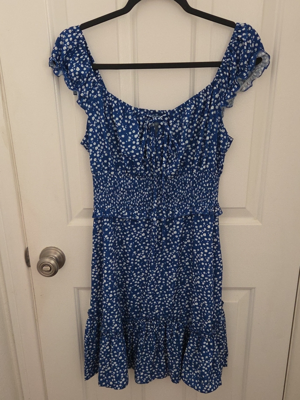 Blue Floral Ruffle-Shoulder Kids Dress